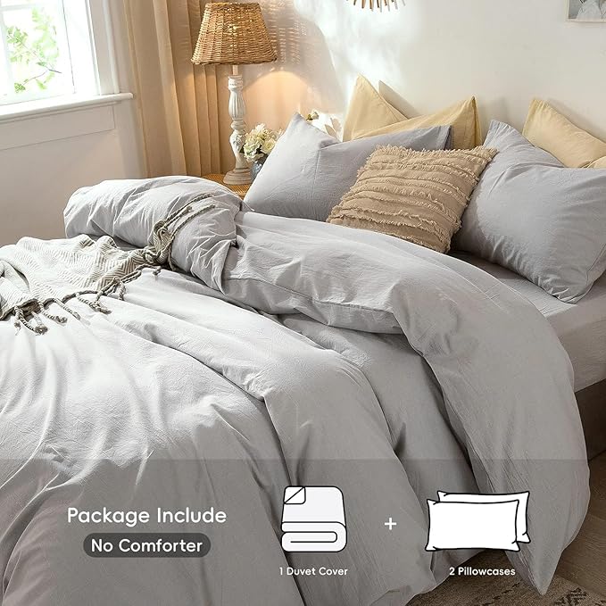 MooMee Bedding Duvet Cover Set 100% Washed Cotton Linen Like Textured Breathable Durable Soft Comfy (Lavender Grey, Queen)