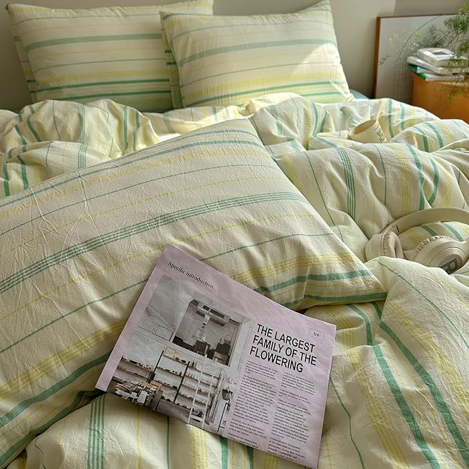 EAVD Vintage Striped Comforter Set Twin XL Soft Cotton 3-Piece Boho Bedding Set with 2 Pillowcases Retro Yellow-Green Vertical Stripes Geometric Comforter Set for All-Season