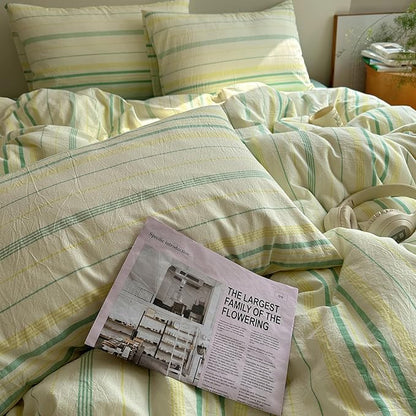 EAVD Vintage Striped Comforter Set King Soft Cotton 3-Piece Boho Bedding Set with 2 Pillowcases Retro Yellow-Green Vertical Stripes Geometric Comforter Set for All-Season