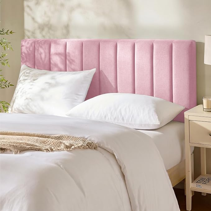 Hearth & Harbor Wall Mounted Full Headboard Only, Bed Headboard Full Size | Easy Assemble, Floating Peel and Stick, Upholstered, Channel Stitched, 3D Wall Panels, 5 Strips of 3M Tape Included, Pink