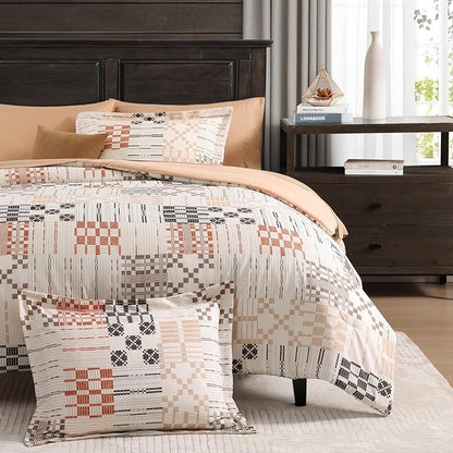 MaiRêve Plaid Twin XL Comforter Set, Farmhouse Bedding Sets for Boys Girls Teen 5 Pieces, Beige All Season Bed in A Bag for Dorm with Sheets, Pillowcase & Sham