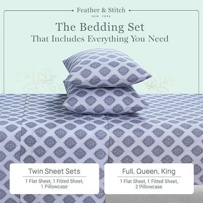 Feather & Stitch Softest 100% Cotton Sheets, 300 Thread Count Percale Weave Bedding, 16" Deep Pocket, Cooling Sheets, Breathable Bed Set, Hotel Premium Quality (Twin, Diamond)