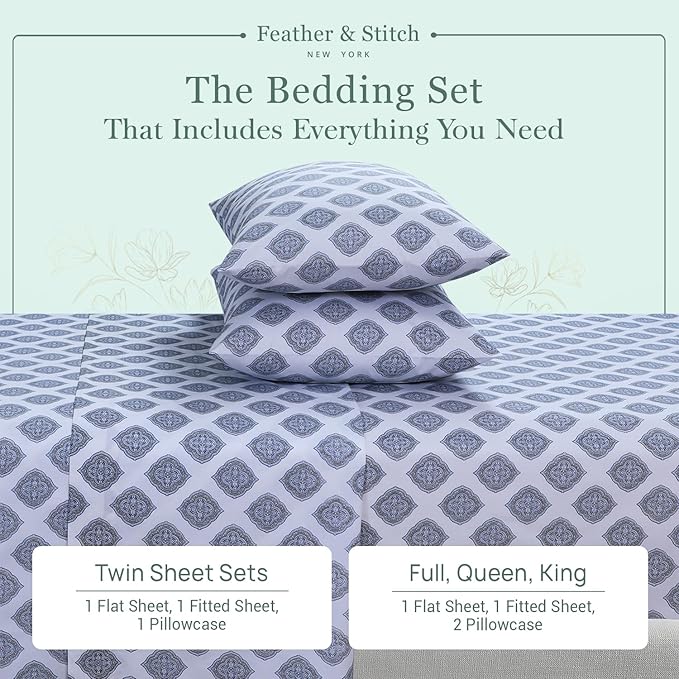 Feather & Stitch Softest 100% Cotton Sheets, 300 Thread Count Percale Weave Bedding, 16" Deep Pocket, Cooling Sheets, Breathable Bed Set, Hotel Premium Quality (King, Diamond)