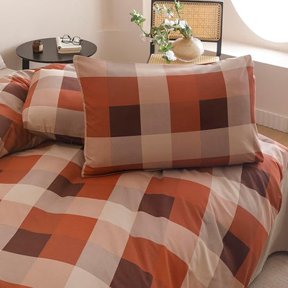 CLOTHKNOW Rust Khaki Plaid Comforter Set Twin 3Pcs Gingham Buffalo Bedding Sets Checker Comforter Soft Lightweight Fluffy