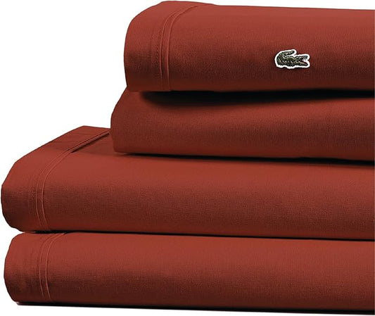 Lacoste 100% Cotton Percale 4-Piece Sheet Set – Cool, Crisp, Matte, and Durable, Oeko-Tex Certified – Solid, Chili Pepper, Full