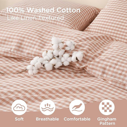 TOCOMOA Pink Tan Gingham Duvet Cover Bedding Set 100% Washed Cotton Like Linen Feel Super Soft Comfy 3 Piece Vintage Plaid Checkered Fall Comforter Cover Set (King 104"x90", Comforter Not Included)