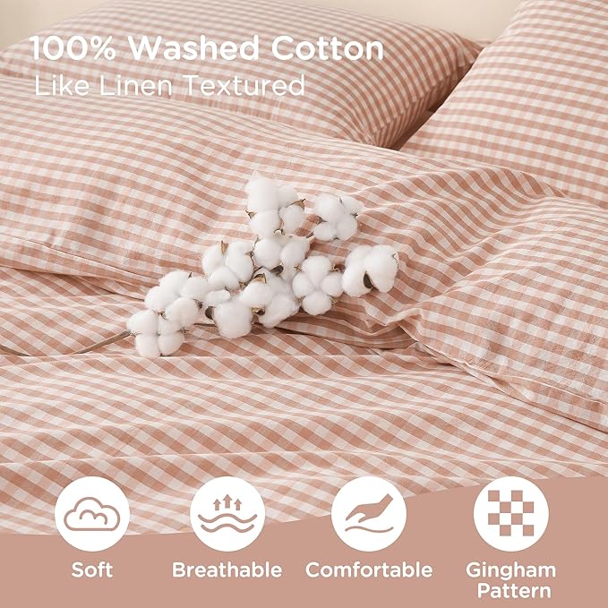 TOCOMOA Pink Tan Gingham Duvet Cover Bedding Set 100% Washed Cotton Like Linen Feel Super Soft Comfy 2 Piece Vintage Plaid Checkered Fall Comforter Cover Set (Twin 68"x90", Comforter Not Included)