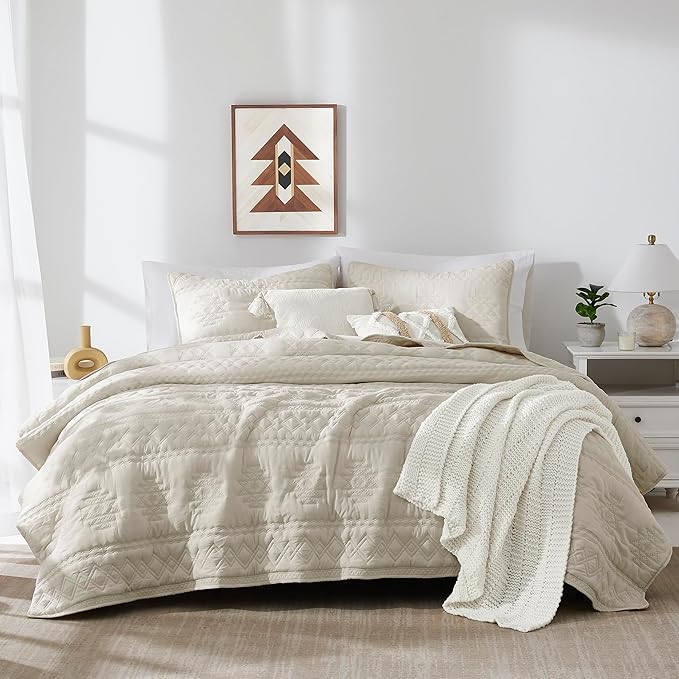 WDCOZY Beige Boho Twin Quit Size Bedding Set with 1 Pillow Sham, Farmhouse Lightweight Soft Bedspread Coverlet for All Season, 2 Pieces, 68x90 inches