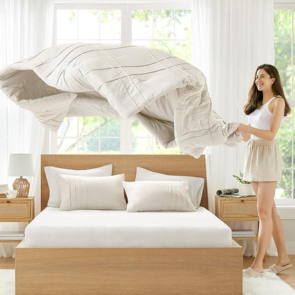 Comfort Spaces Cream King Size Comforter Set - 3 Pieces Pintuck Pleated Bedding Sets, All Season Lightweight, Extra Softness Pre-Washed Microfiber King Bed Set, Shams