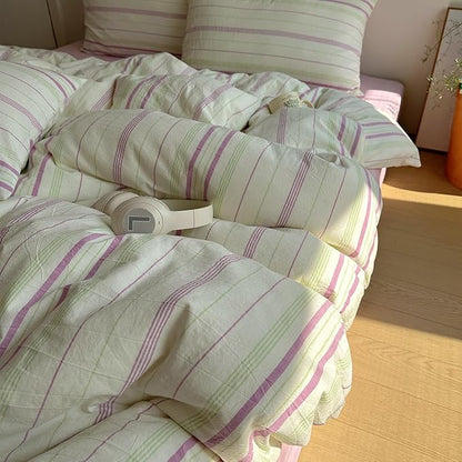 EAVD Vintage Striped Comforter Set Full Soft Cotton Retro Purple&Green Vertical Striped Bedding Set with 2 Pillowcases Boho Geometric Pattern Comforter Set for All-Season Breathable Lightweight