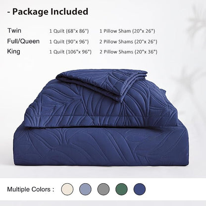EXQ Home Quilt Set King Size Navy 3 Piece,Lightweight Soft Coverlet Modern Style Leaf Pattern Bedspread Set(1 Quilt,2 Pillow Shams)