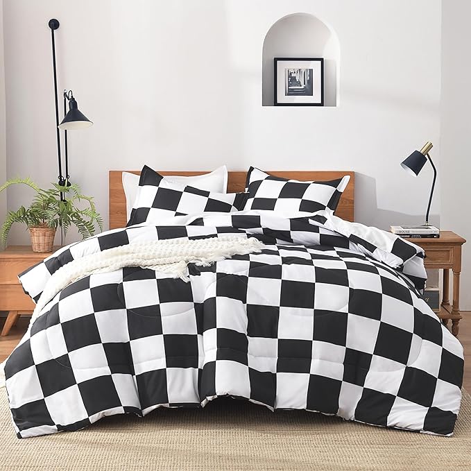 Andency Checkered Comforter Full(79x90Inch), Black White Plaid Gingham Bed Set for Teen Boys Kids, Lightweight Polyester Geometric Preppy Bedding, 3 Pieces