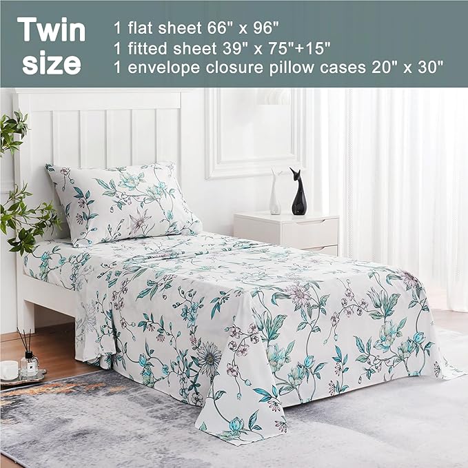 JSD White Blue Floral Printed Sheet Set Twin Size, 3 Piece Botanical Microfiber Sheets Extra Deep Pocket