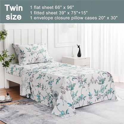 JSD White Blue Floral Printed Sheet Set Twin Size, 3 Piece Botanical Microfiber Sheets Extra Deep Pocket