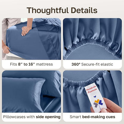 California Design Den - Bedsheet King Size Set, Soft 100% Cotton Sheets Deep Pockets Set, Snug Fit Elastic, 500 Thread Count Sateen, Sheet Sets for Bed (Navy Blue)