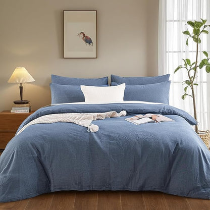 NEXHOME PRO Duvet Cover Twin 100% Washed Cotton, Organic Natural Linen Like Textured, Breathable, Durable, Home Bedding Set, Heathered Blue 6890