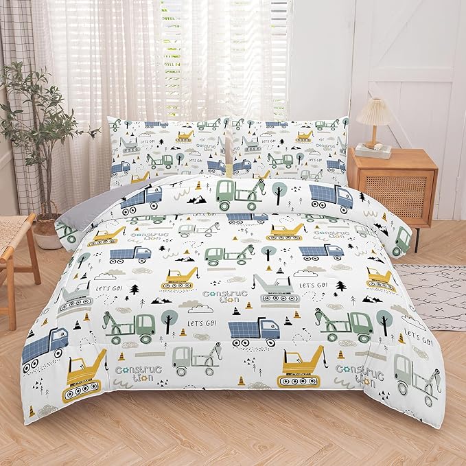 NINENINE Boys Construction Bedding Set Full, 3-Piece Kids Comforter Set for Boys, Soft Lightweight Microfiber Kids Excavator Comforter Set with 2 Pillowcases