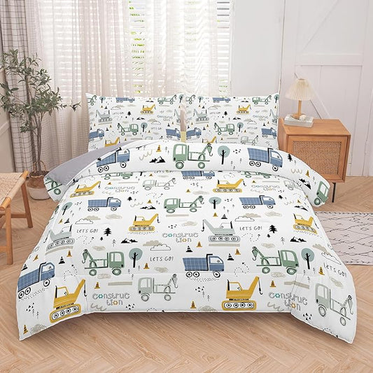 NINENINE Boys Construction Bedding Set Full, 3-Piece Kids Comforter Set for Boys, Soft Lightweight Microfiber Kids Excavator Comforter Set with 2 Pillowcases