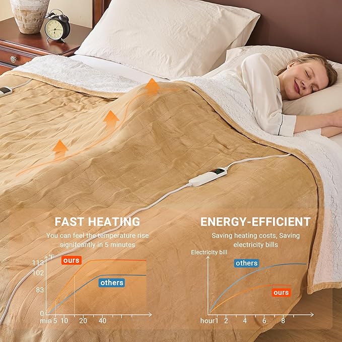 Electric Heated Blanket Full Size 72''x84'' Soft Flannel & Sherpa Electric Blanket with 10 Heating Levels, Automatically Shut Down After 8h with Overheat Protection Machine Washable