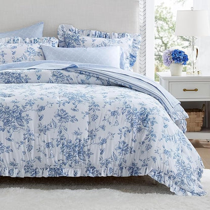 Madison Park Essentials Adele Blue Floral Queen Size Comforter Set – Vintage Bed in a Bag with Sheets, Reversible Ruffle Bedding, Elegant Gift for Her