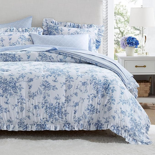 Madison Park Essentials Adele Blue Floral Queen Size Comforter Set – Vintage Bed in a Bag with Sheets, Reversible Ruffle Bedding, Elegant Gift for Her