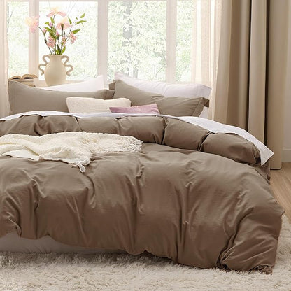 Bedsure Coffee Duvet Cover Queen Size - 3 Pieces Prewashed Cotton-Like Polyester Extra Soft Bedding Set, Includes 1 Duvet Cover 90x90 Inches with Zipper Closure & 2 Pillow Shams, No Comforter