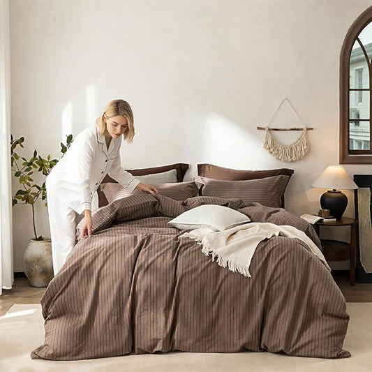 Stripe Duvet Cover Queen Size 90inch x 90inch,100% Washed Cotton Pinstripe Duvet Cover with Zipper Closure and 2 Pillowcases, Color of Light Brown-Black Stripe