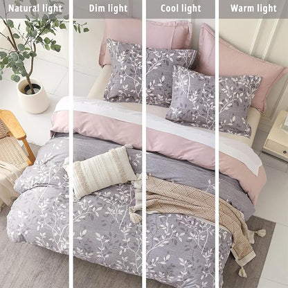 Vintage Gray Cotton Comforter Queen Size 3Pcs - Luxurious Design with White & Charcoal Branches Pattern, Elegant Dusty Pink Reversible Lightweight Bedding Sets with Soft Fill(90"×90")