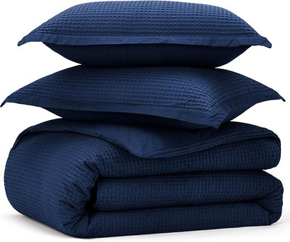 Bedsure Cotton Duvet Cover Queen - 100% Cotton Waffle Weave Navy Blue Duvet Cover Queen Size, GentleSoft™ and Breathable Bedding Set for All Season, 3 Pieces, 90"x90"