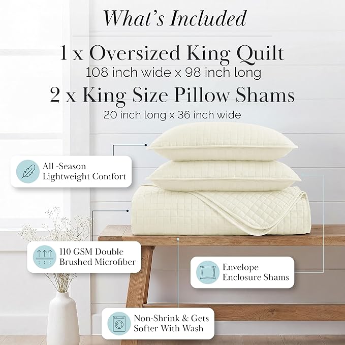 Southshore Fine Living, Inc. Oversized King Quilt Bedding Set, Soft Brushed Microfiber, Wrinkle-Free, Stain and Pet Hair Resistant Bedding, California/King Size Quilt Coverlet Set w/2 Shams, Cream