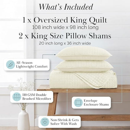 Southshore Fine Living, Inc. Oversized King Quilt Bedding Set, Soft Brushed Microfiber, Wrinkle-Free, Stain and Pet Hair Resistant Bedding, California/King Size Quilt Coverlet Set w/2 Shams, Cream