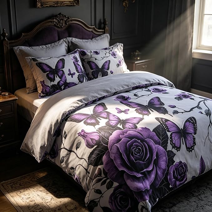 Grey Vintage Comforter Set Full Size, Purple Floral Bedding Set for Gothic Bedroom Decor, 23 Pieces Soft Microfiber Lightweight Comforter Set with 2 Pillowcases, 79"x90"