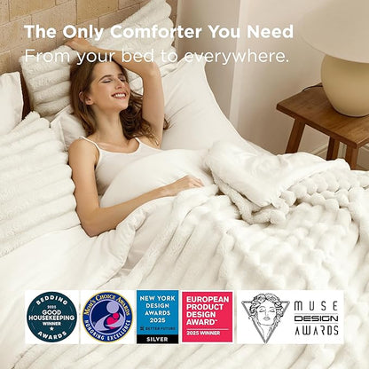 Bedsure Gentlesoft 2-in-1 Queen Comforter Set and Detachable Fluffy Blanket, Cream White Bedding Set for All Season Use, SnapTech Design for Space Saving (Includes 2 Pillow Shams, 2 Pillowcases)
