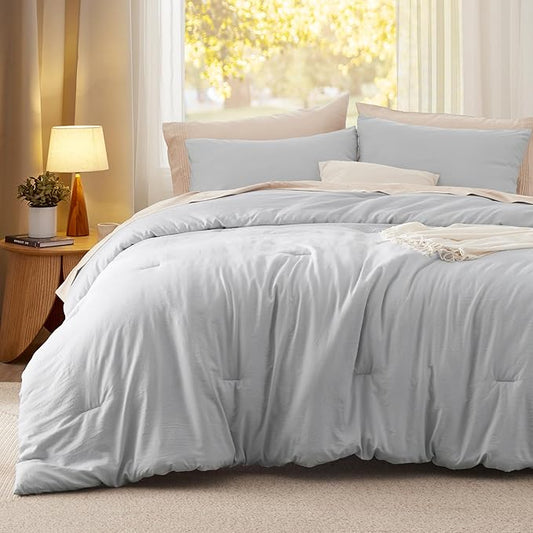 Bedsure Queen Comforter Set, Light Grey Soft Prewashed Bedding for All Seasons, 3 Pieces GentleSoft™ Bed Set, 1 Lightweight Comforter (90"x90") and 2 Pillowcases (20"x26")