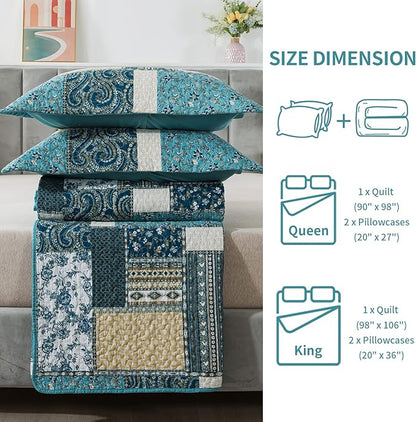 BEDIFANY Cotton King Size Quilt Set, Lightweight Bedspread King Size Coverlet Boho King Quilt, Soft Farmhouse King Quilt Bedding Sets for Bed Decorations for All Seasons (3 Pieces, Blue)