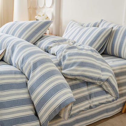 Blue Striped Twin XL Duvet Cover Washed Cotton Boho Twin XL Comforter Cover Soft Vertical Stripe Pattern Duvet Cover Set with 2 Pillow Cases Farmhouse Zipper Bedding Pinstripe Duvet Protector