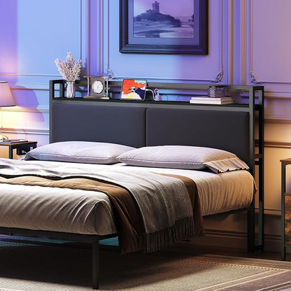 Queen Size Headboard Only with Storage Shelves, Upholstered Headboard with Charging Station, Height Adjustable, Sturdy and Stable, Vintage Style, Black
