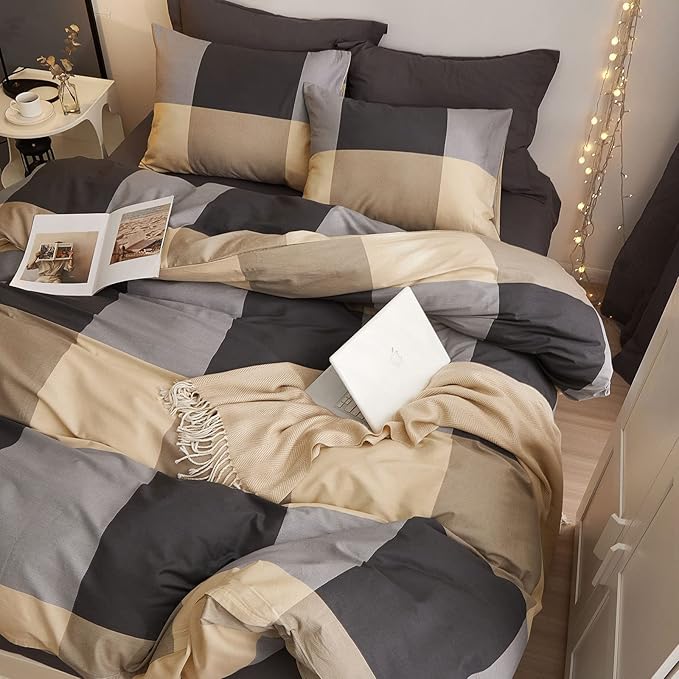 HighBuy Khaki Queen Comforter Set Buffalo Plaid Checkered Bedding Comforter Set Modern Style Gingham Comforter with 2 Pillow Shams Grid Pattern Bedding Comforter Queen for Boys Men All Season