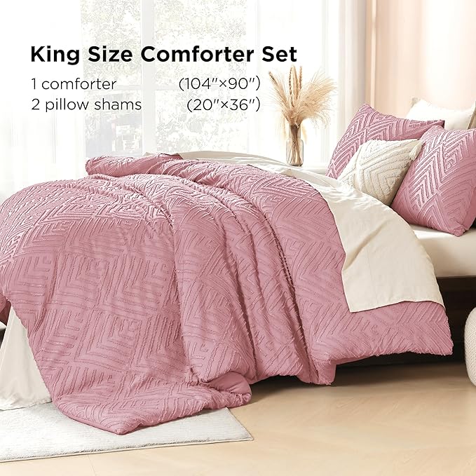 Litanika Grayish Pink King Size Comforter Set, 3 Pieces Tufted Boho Farmhouse Bedding Comforter Sets, Lightweight Fluffy Comforter Bed Set for All Season (104x90In Comforter and 2 Pillowcases)