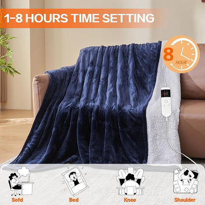 Electric Heated Blanket Throw Size 50''x60''-Control Heating Blanket, Soft & Warm Flannel 10-Level Temperature Control, 8 Hours Auto Off, Rapid Heating & Overheat Protection