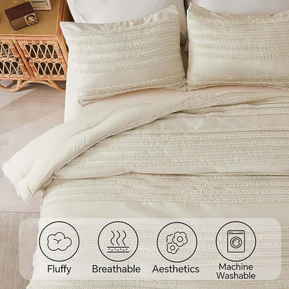 BEDELITE Boho King Size Comforter Set - Beige Tufted Striped Bed Set 3 Pieces, Soft Vintage Farmhouse Comforter for All Seasons, Boho Home Decor,Fluffy Jacquard Bedding with Pillow Sham