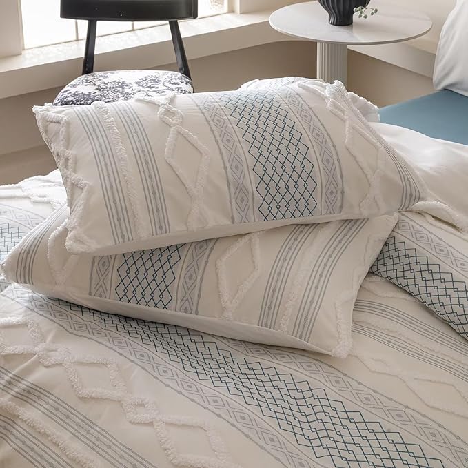 Houseri Tufted Blue Comforter Set King Jacquard Bedding Shabby Chic Farmhouse Bed Sets King