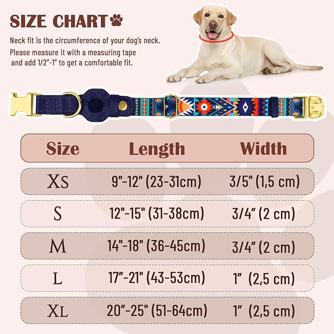 AirTag Dog Collar for Small Medium Large Breed - Adjustable Cute Pattern Dog Collar with Airtag Holder - Soft Leather Tracker GPS Apple Air Tag Pet Collars (Large, 17"-21" Neck Fit, Navajo)