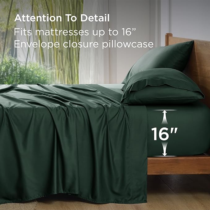 Bedsure King Size Sheets Set, Cooling Sheets for Hot Sleepers, Rayon Derived from Bamboo, PureWoven, Breathable & Soft, Deep Pocket Up to 16 Inches, Hotel Luxury Silky Bedding, Forest Green
