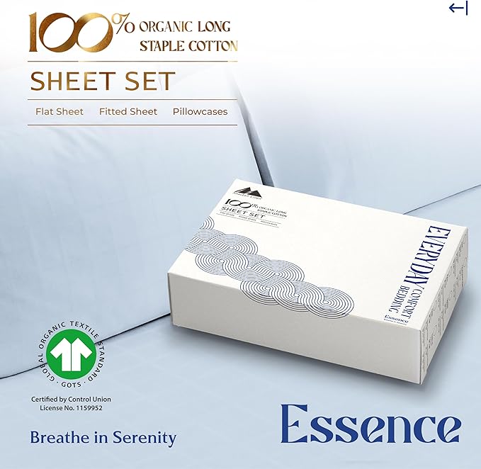 Mayfair Linen 100% Organic Cotton Sheets Twin XL Size - 3 PC Organic Cotton Percale Sheets Twin XL Set (Light Blue), Soft, Crisp, Cooling Bedsheets, 16" Deep Pocket Hotel Bedding - GOTS Certified