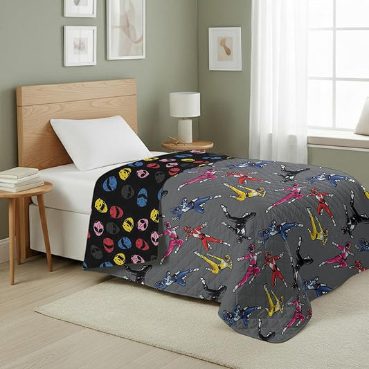 Power Rangers and Helmets Quilted Throw Blanket, Classic Mighty Morphin Helmet Icons, Comfy Throw, Adults Boys Girls, Soft Lightweight Bedding for Bed, or Couch, 60 x 80 Inches