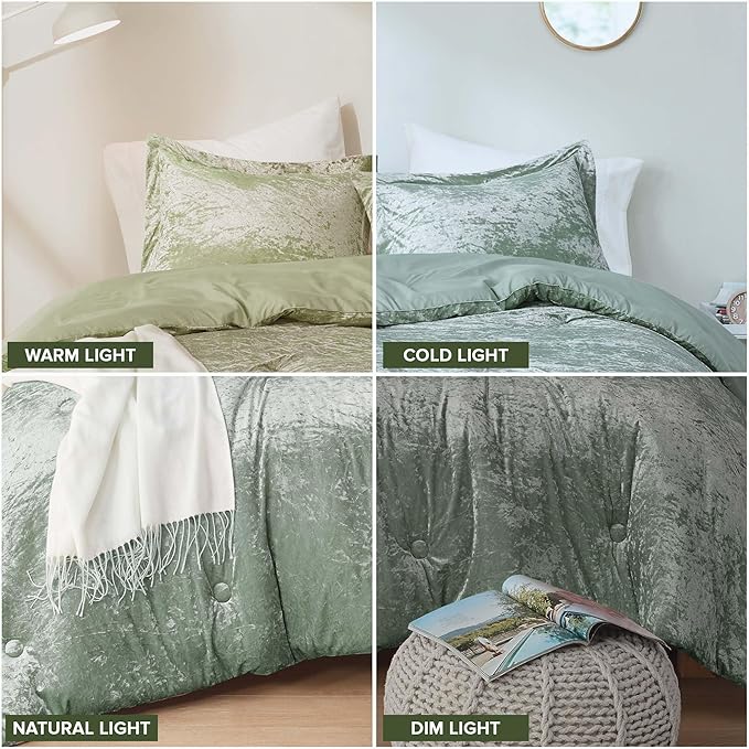Comfort Spaces Luxe King Comforter Set - Velvet Microfiber Reverse, Juliette, All Season Bedding, Fluffy Sham, Sage Green 3 Piece