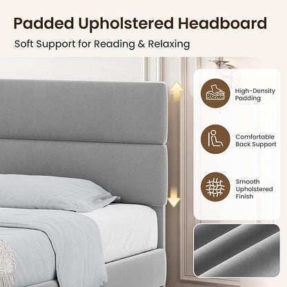 GRUSIGN Queen Size Platform Bed Frame with Velvet Headboard, Adjustable Height Wooden Slats Support, Upholstered Mattress Foundation, Fits Mattress or Mattress with Box Spring, Easy Assembly, Grey
