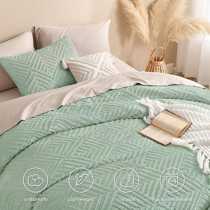 Andency Full Comforter Sets Sage Green, Boho Lightweight and Fluffy Bedding Set for Full Bed, 3 Pieces Tufted Farmhouse Design for All Seasons (79x90Inches, 1 Comforter and 2 Pillow Shams)
