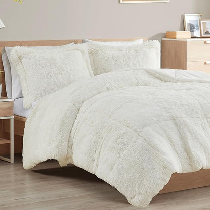 Intelligent Design Malea Shaggy Comforter Set, Long Faux Fur Cozy Down Alternative, Modern Casual Ultra Soft All Season Fluffy Bedding with Matching Sham, Full/Queen, Ivory 3 Piece